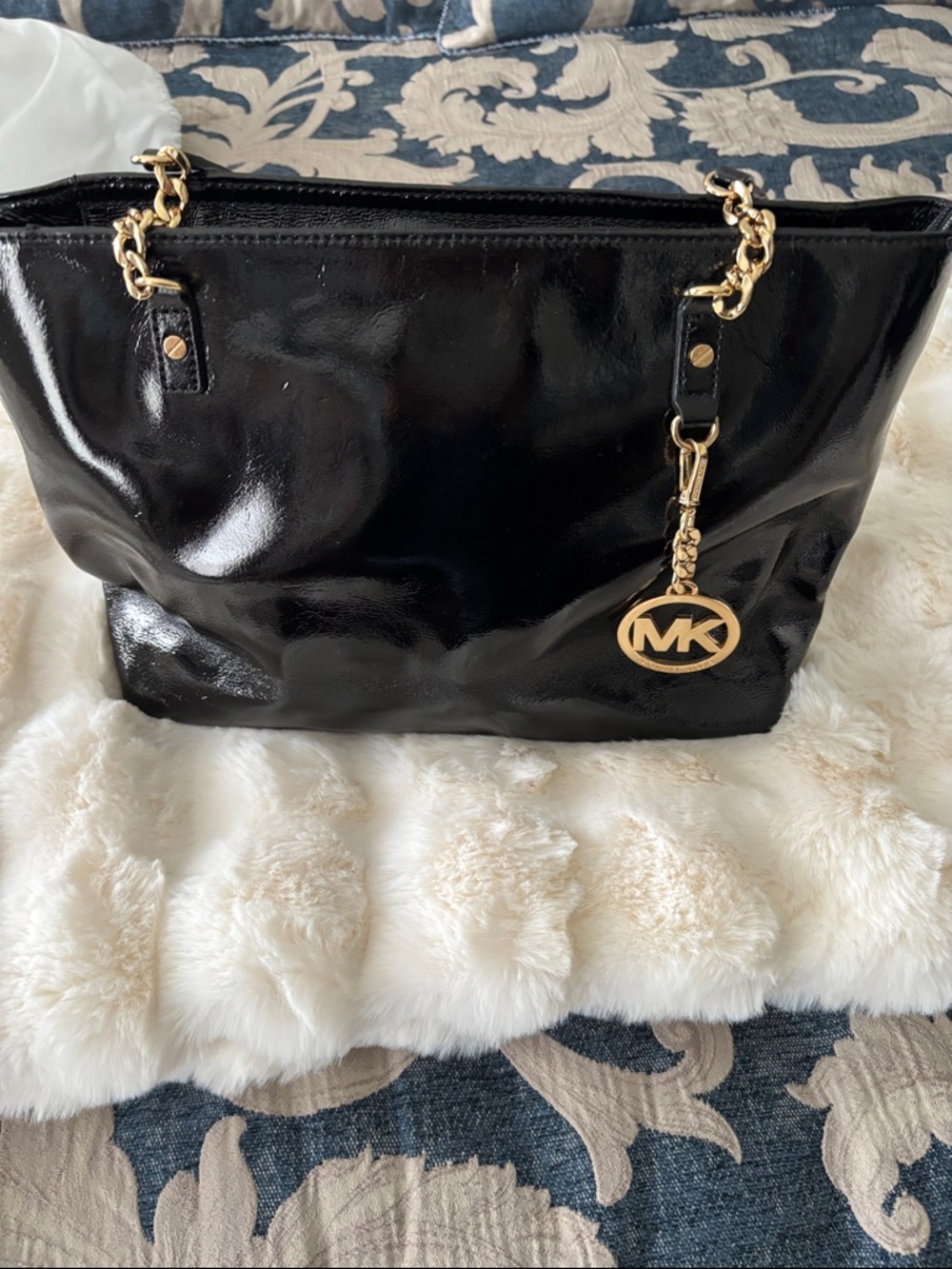 Michael Kors Black Patent Tote with Gold Chain Charm